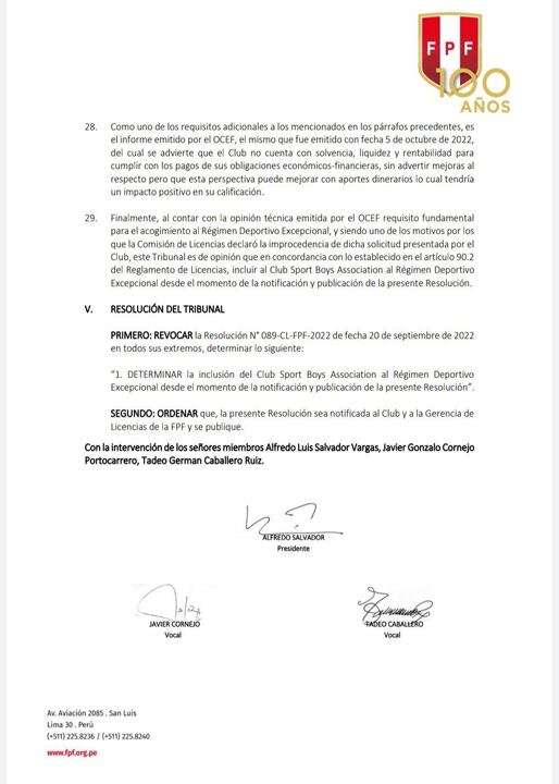 Este es el documento del Tribunal de Licencias de la FPF. Foto: Ovación.