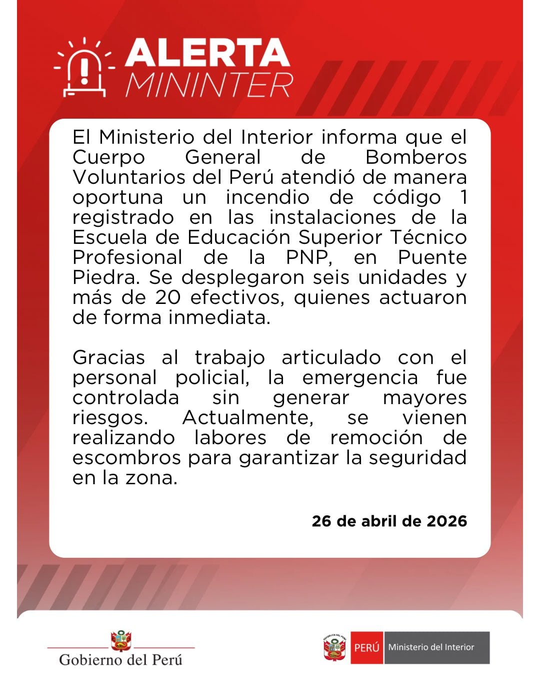 El incendio ocurrido este domingo 26 de abril fue de código 1 y logró ser controlado por los bomberos.