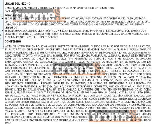 Parte policial de la intenvención de John Kelvin.