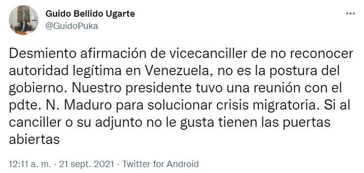 Guido Bellido cuestionó por redes sociales al vicecanciller y al canciller Óscar Maúrtua.