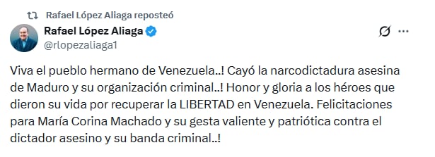 Opinión de Rafael López Aliaga tras captura de Nicolás Maduro.