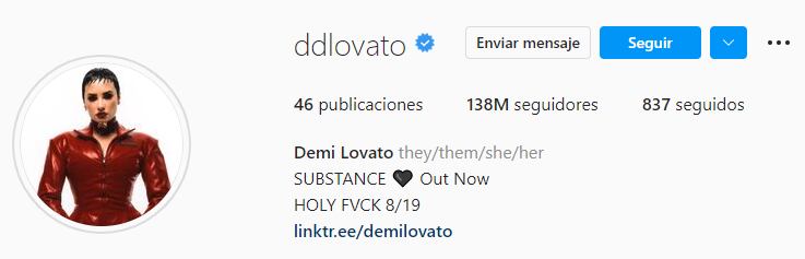 Así luce la información de Demi Lovato en su perfil de Instagram. (Foto: @demilovato / Instagram)