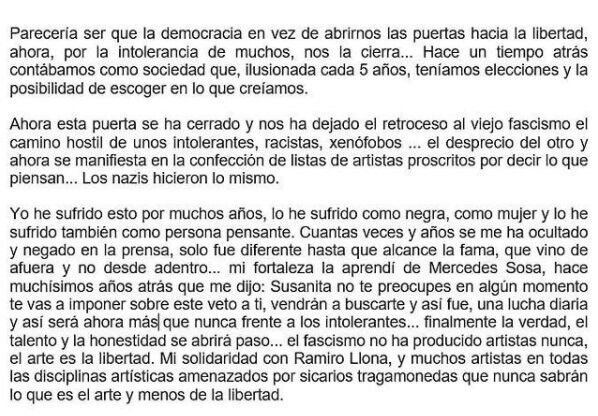 La artista Susana Baca emitió un pronunciamiento a través de sus redes sociales. (Captura)