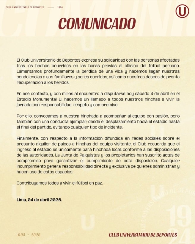 La 'U' se pronunció tras el trágico banderazo de Alianza Lima.