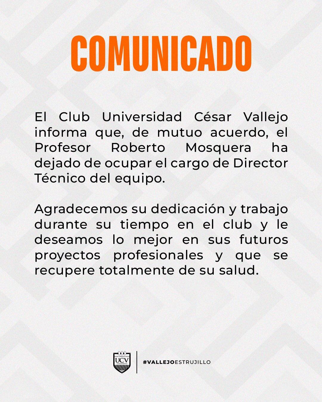 El comunicado de César Vallejo sobre la salida de Roberto Mosquera.