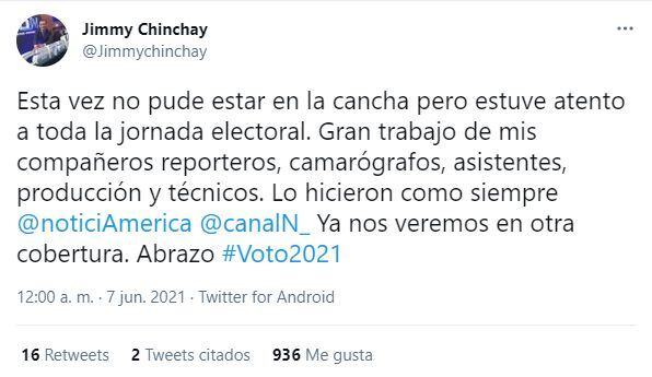 Jimmy Chinchay revela que le ampliaron su descanso médico por Covid-19. (Foto: Captura/Twitter)