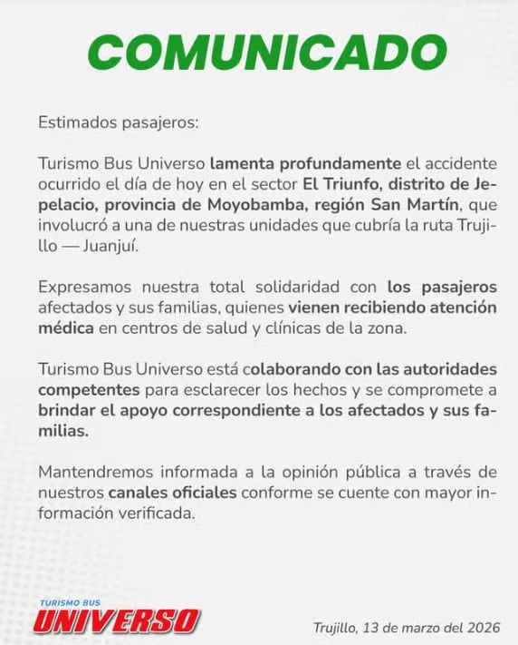 Comunicado de la empresa de transporte tras fatal accidente. (Redes sociales)