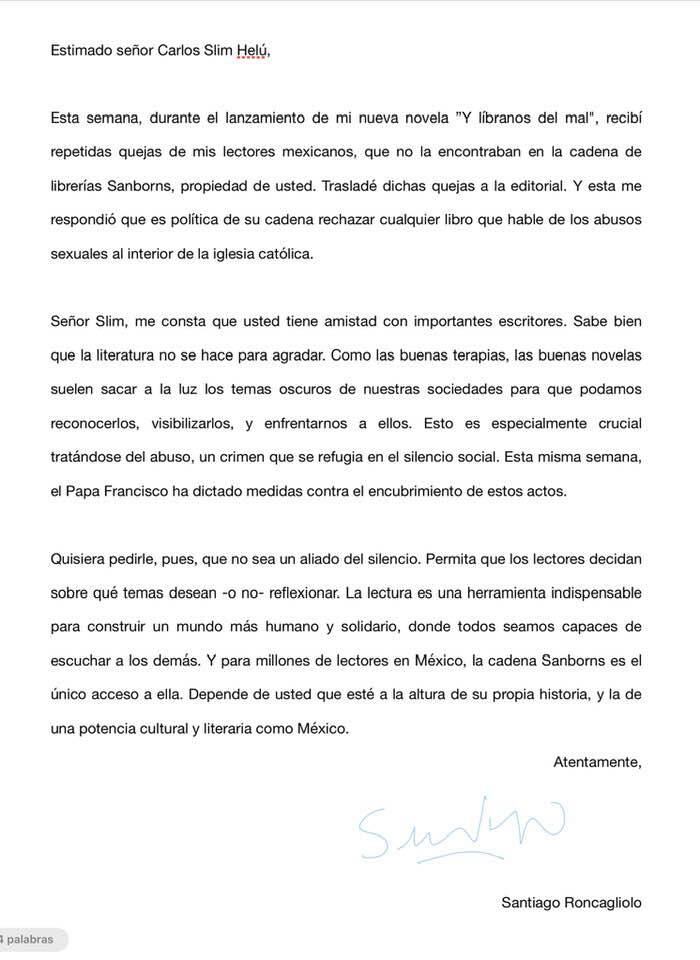 Carta de Santiago Roncagliolo. (Twitter)