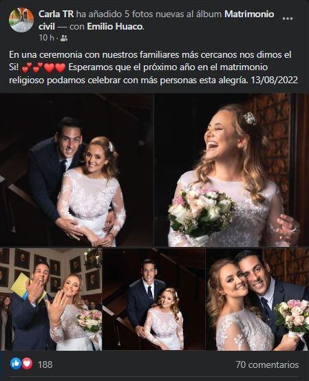 Carla Tello confirmó que se casó con su novio y compartió fotografías inéditas de la boda. (Foto: Facebook)