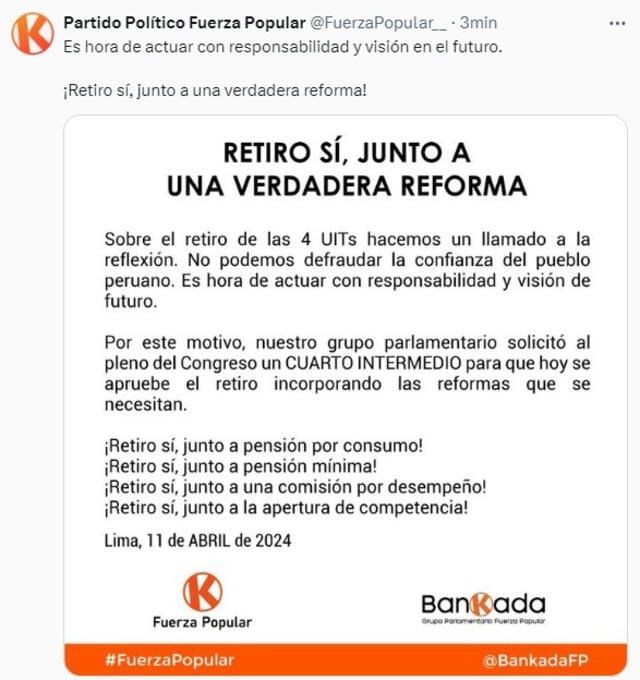 El comunicado de Fuerza Popular sobre una reforma a un sistema de pensiones. (Foto: Difusión)