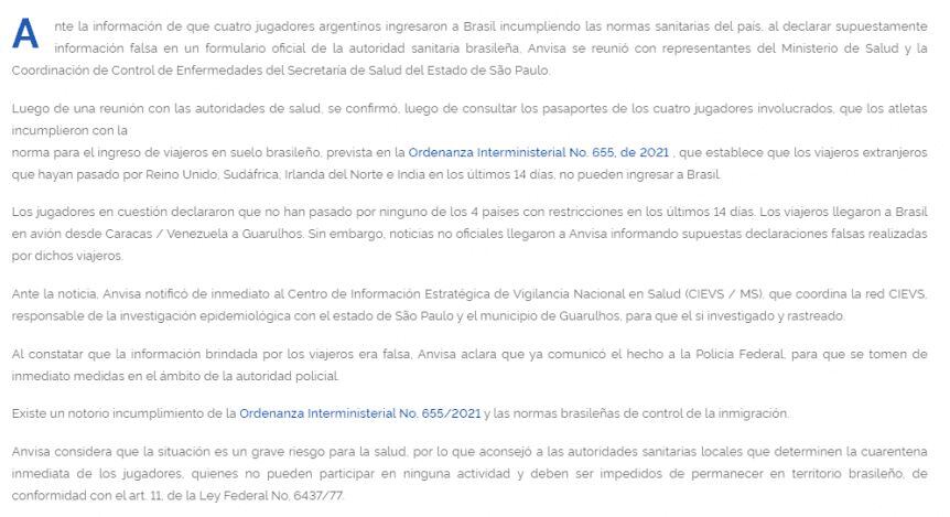 El comunicado de la Anvisa.