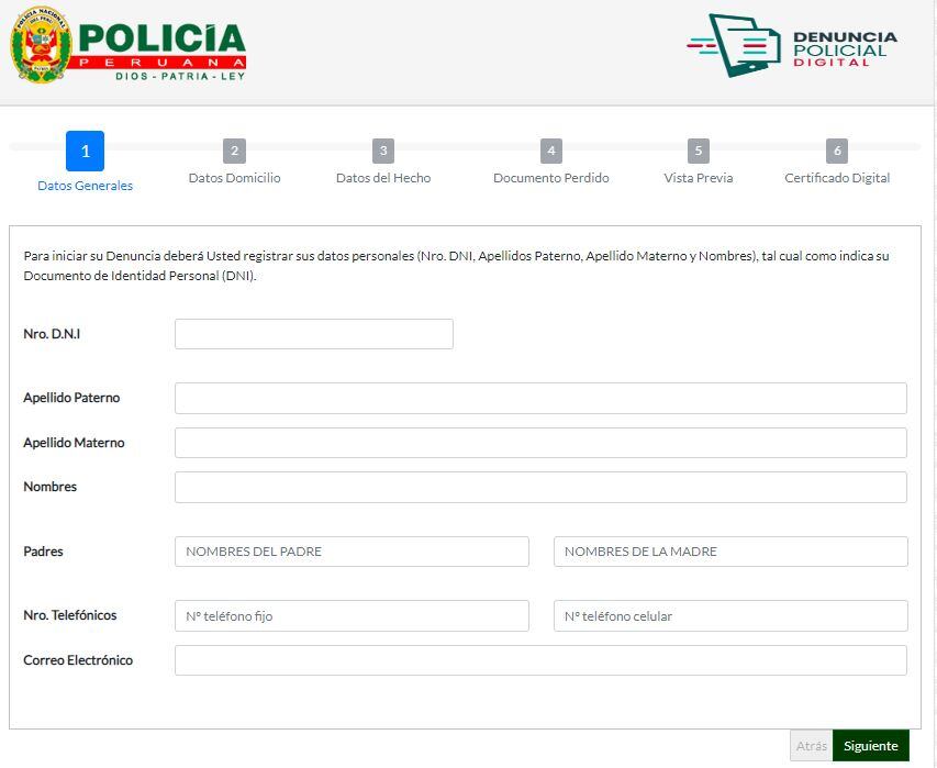 Formato de la denuncia policial digital. (Fuente: página web de la PNP)
