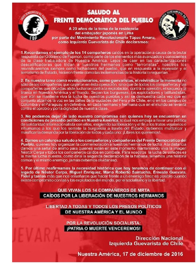 Pronunciamiento del Frente Democrático del Pueblo donde recuerdan a los emerretistas de la residencia japonesa.