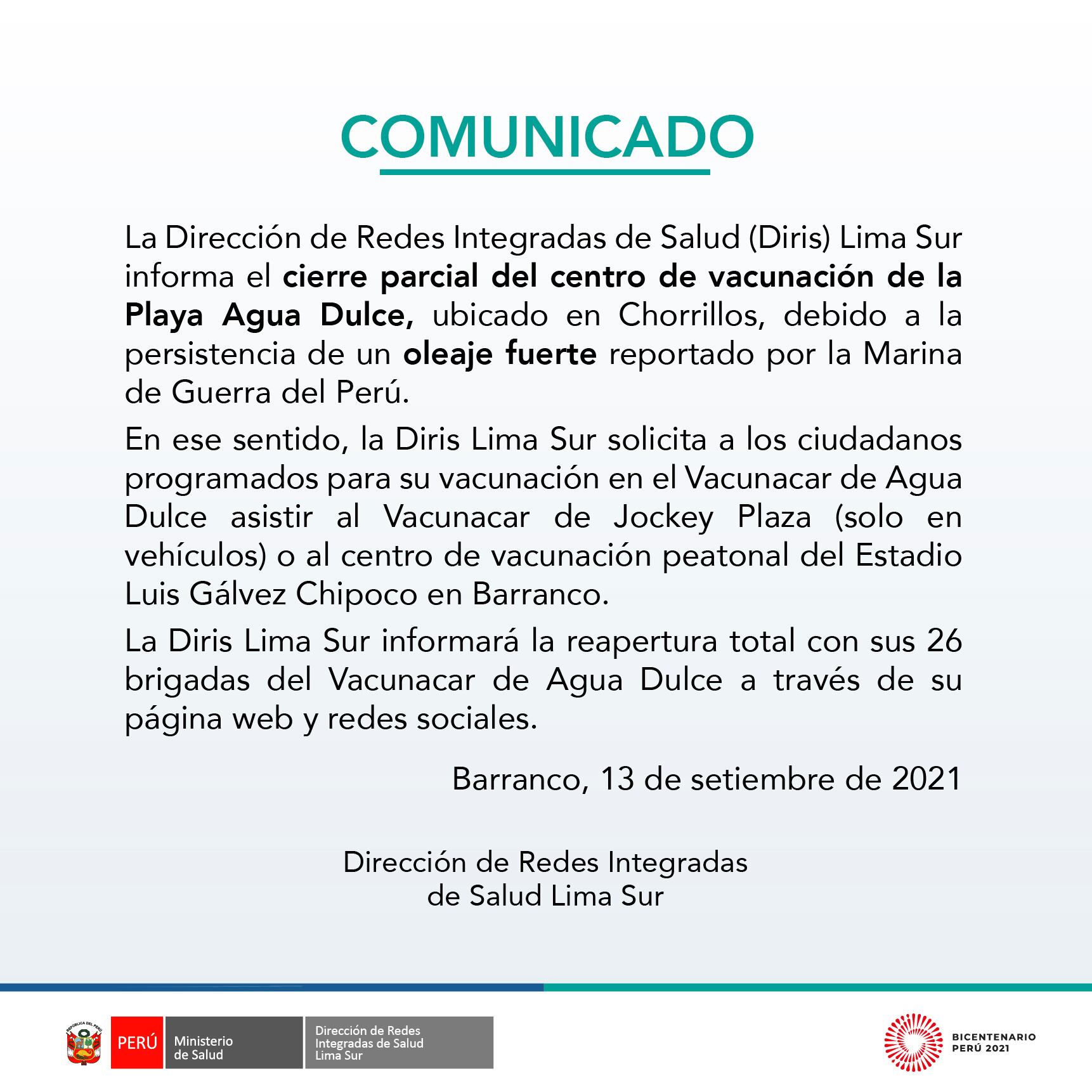 Se comunica el cierre parcial del vacunacar de Playa Agua Dulce por fuerte oleaje. Foto: Diris Lima Sur