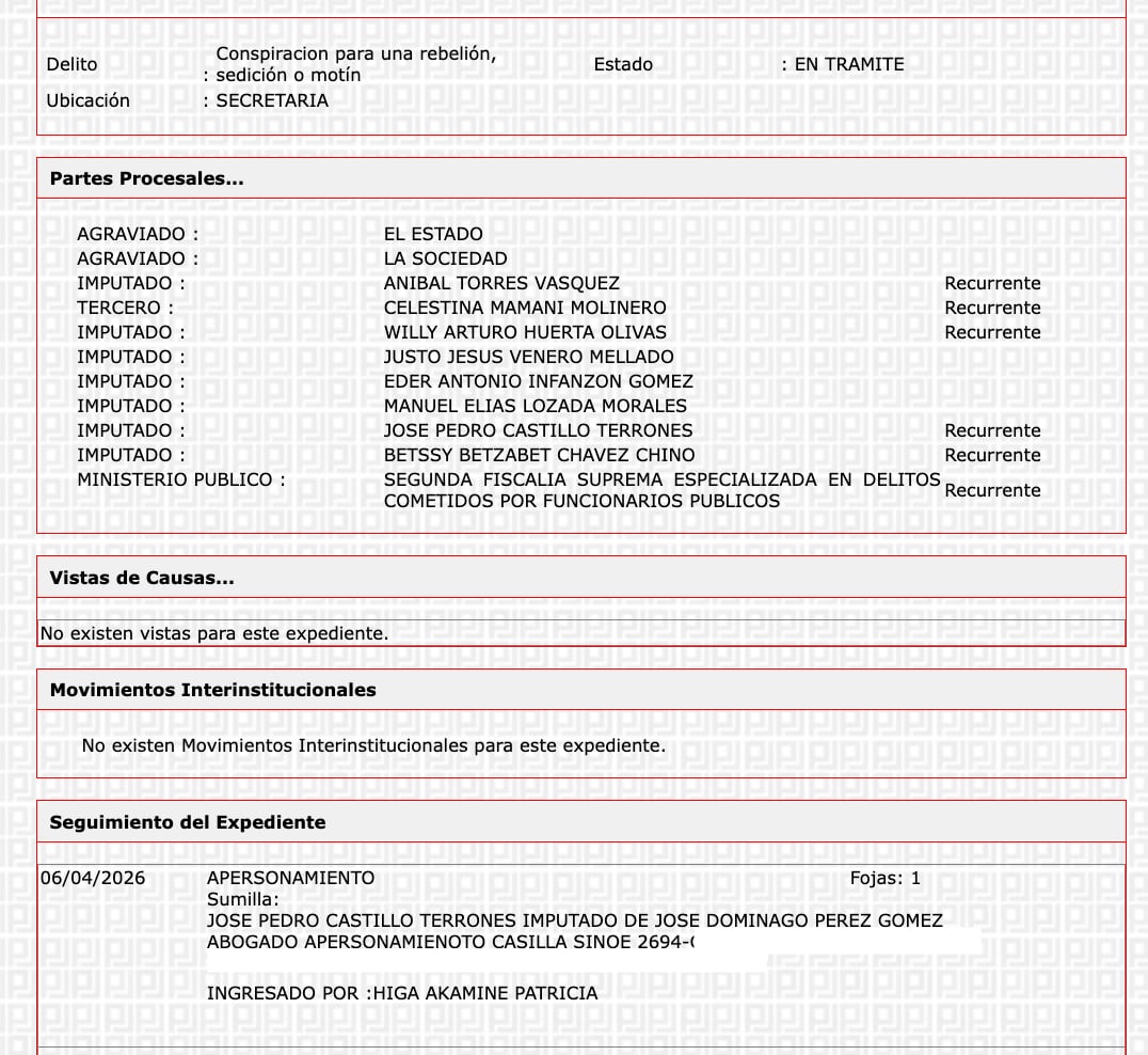 Acreditación de José Domingo Pérez como abogado de Pedro Castillo, ya figura en el Poder Judicial
