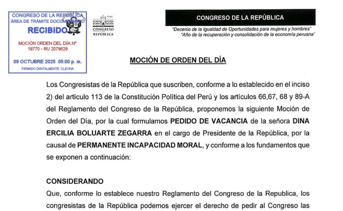 Segunda moción de vacancia ingresada en el Congreso.
