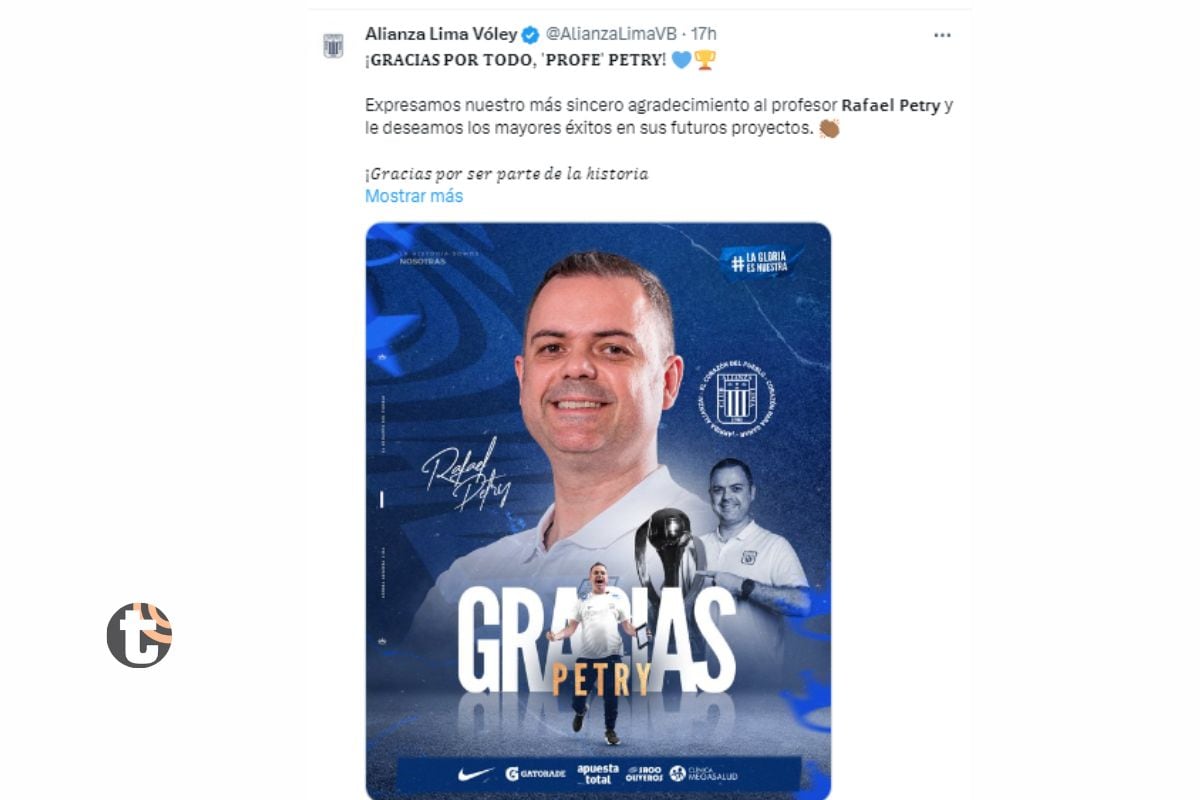 Técnico brasileño recibió agradecimiento de club tras anunciar su partida (@AlianzaLimaVB)