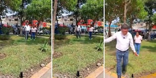 Alcalde del Rímac termina empapado al inaugurar aspersores en parque