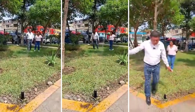 Alcalde del Rímac termina empapado al inaugurar aspersores en parque