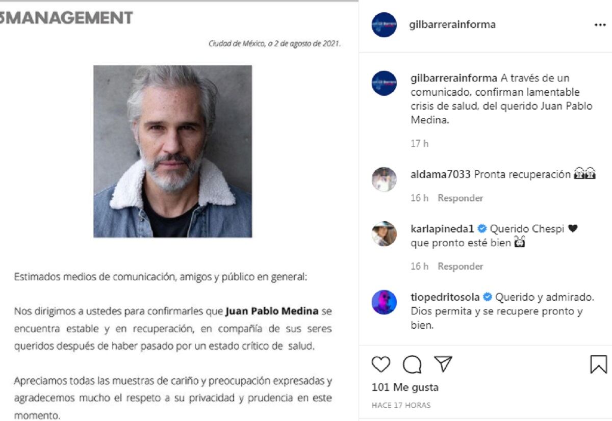En este post los fans de Juan Pablo Medina también le mostraron su apoyo (Foto: Instagram/ Gil Barrera)