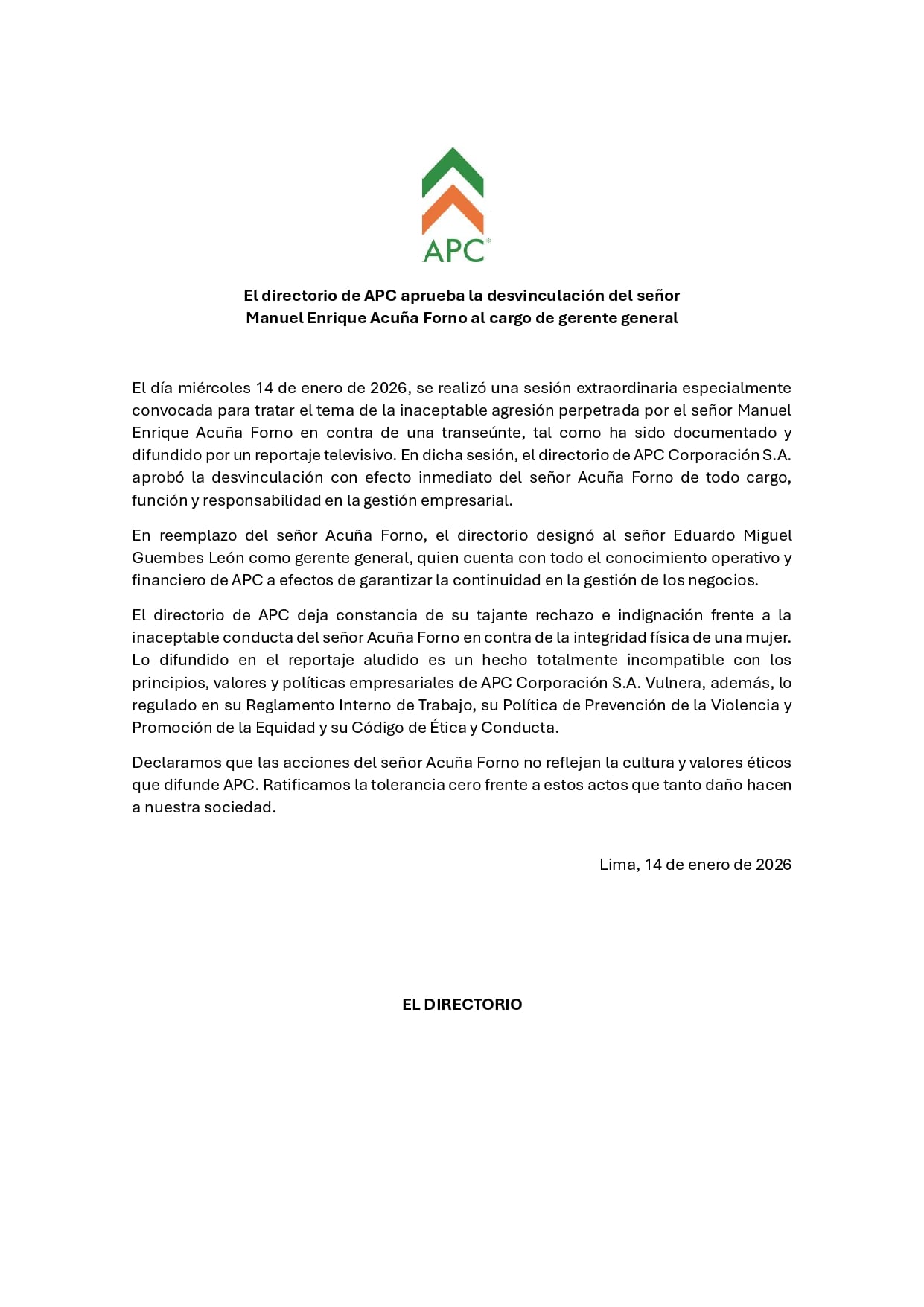 Comunicado del directorio. (Foto: APC)