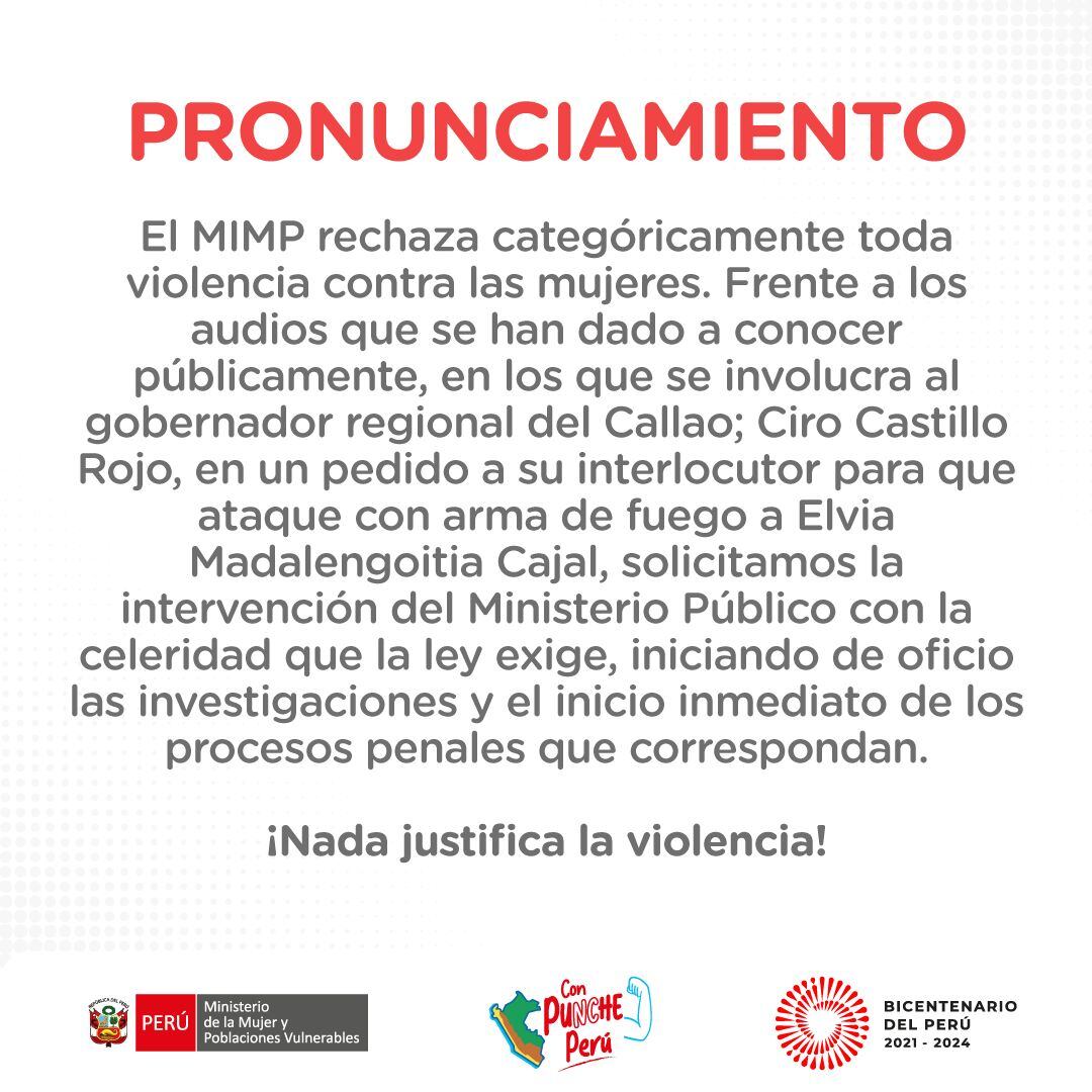 Ministerio de la Mujer exige investigar supuestos audios de Ciro Castillo.