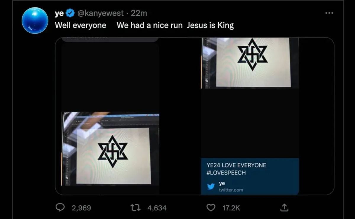 El post de West por el que le cerraron la cuenta de Twitter: la cruz de David junto a una esvástica (Foto: Kanye West / Twitter)