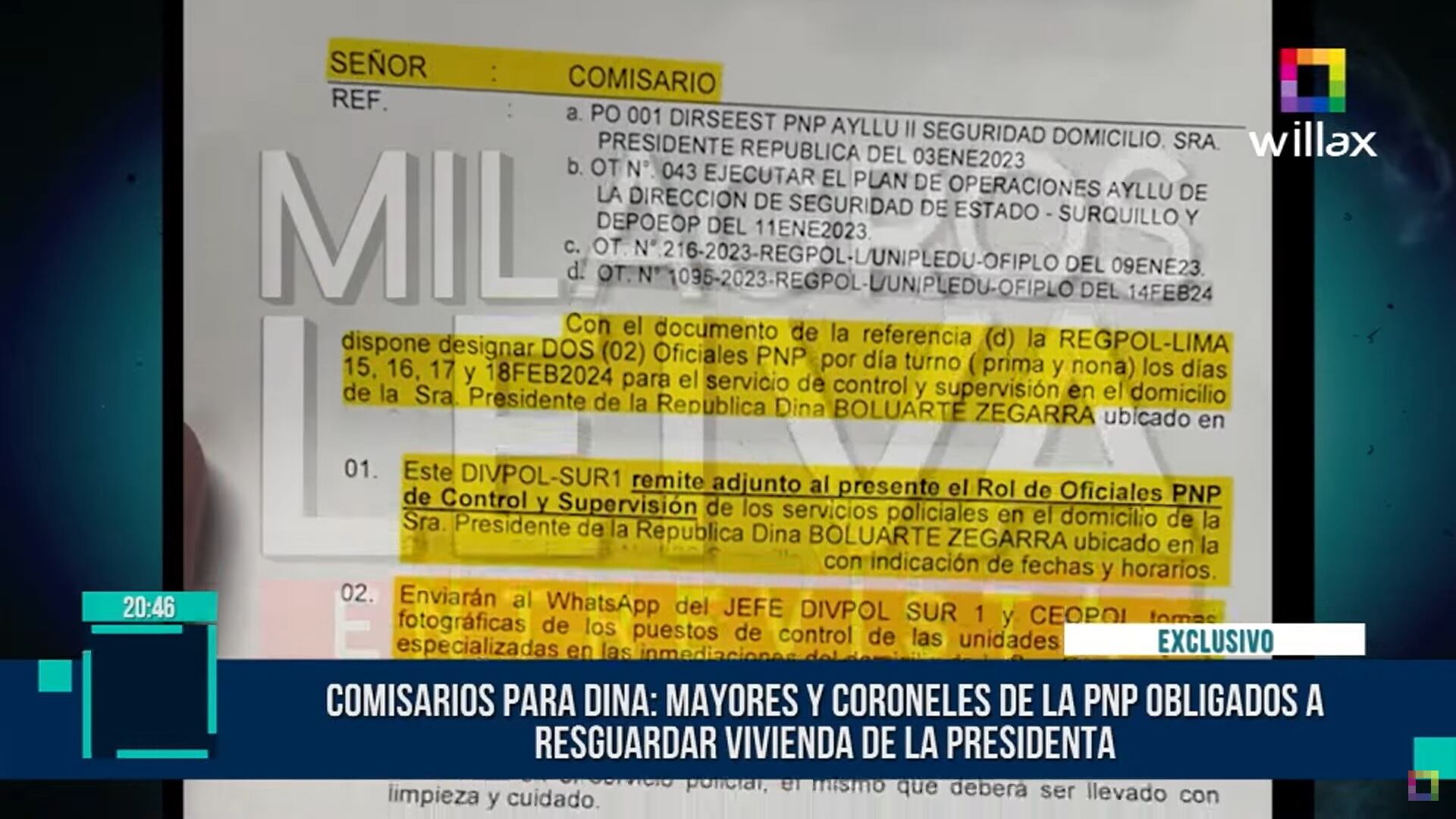 Documento presentado por Milagros Leiva, donde se da la orden para que la Policía Nacional resguarde la vivienda de Dina Boluarte.