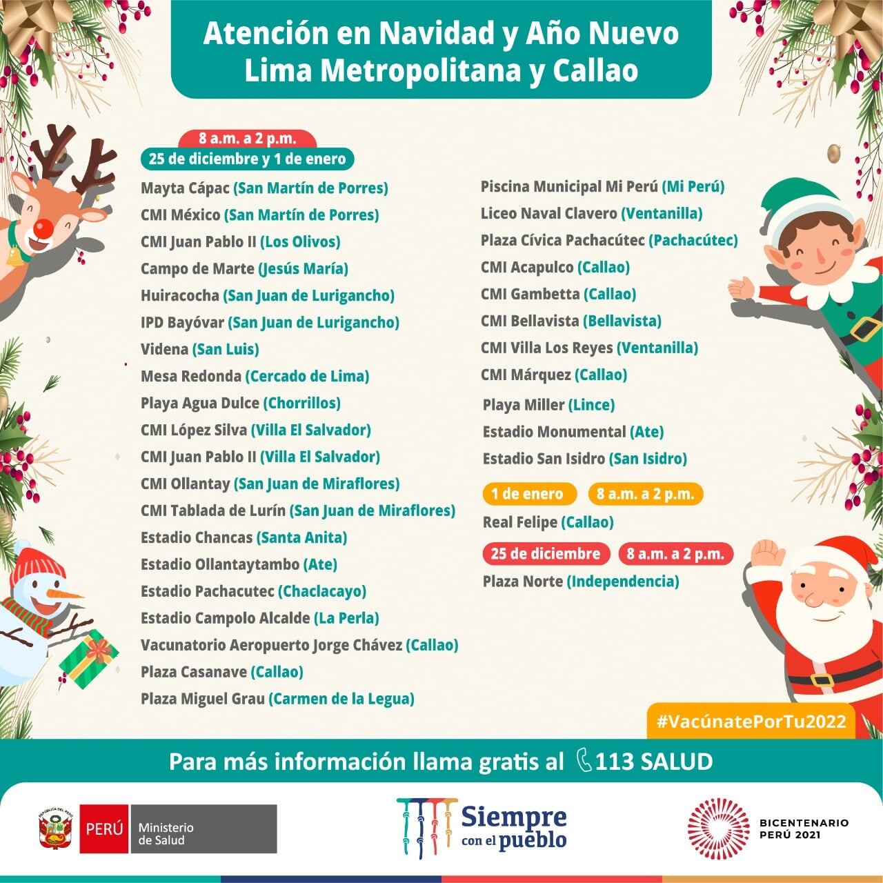 Estos son los centros de vacunación contra el COVID19 que atenderán este 25 de diciembre y 1 de enero en Lima Metropolitana y Callao. (Minsa)