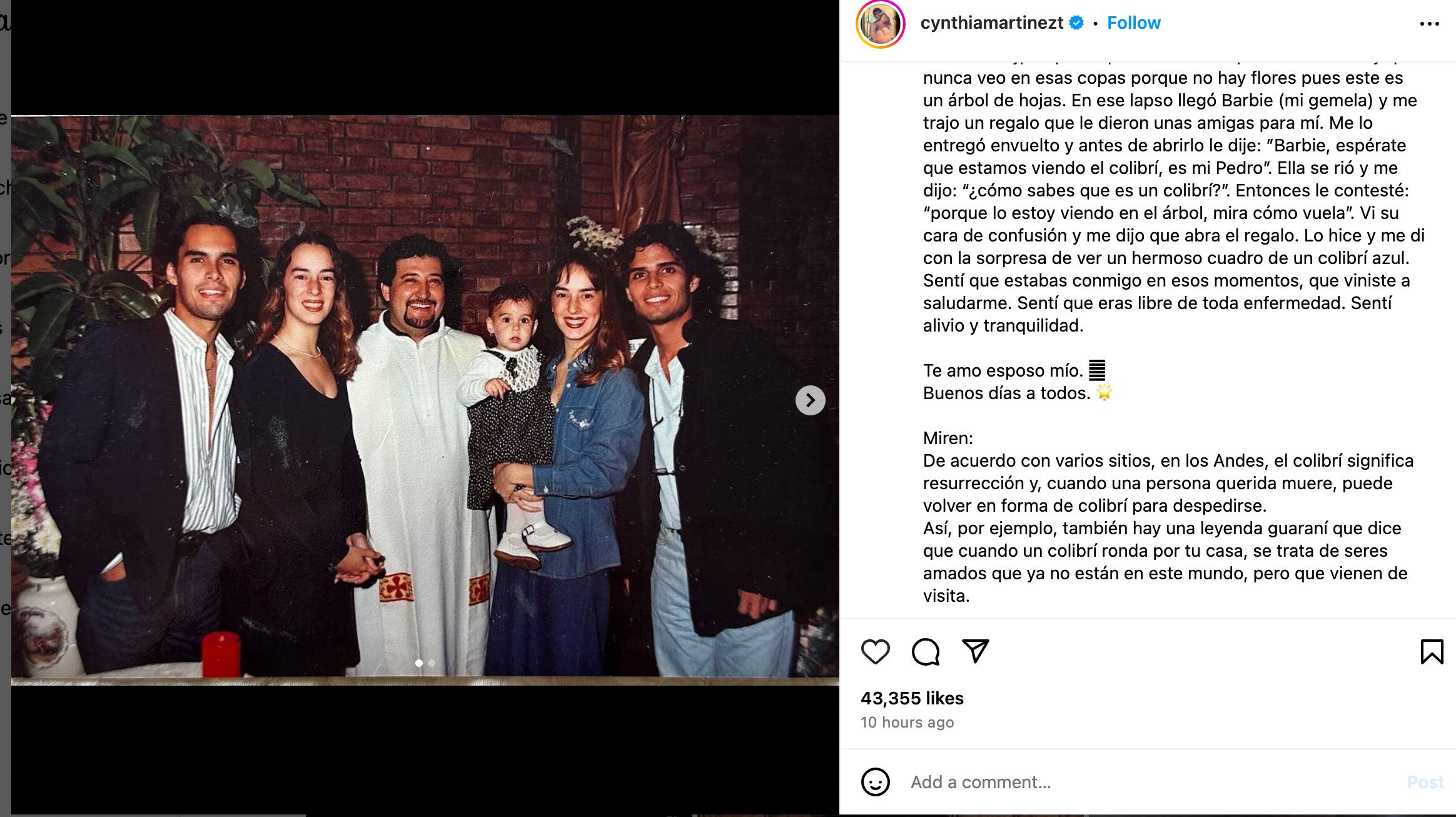 Esposa de Pedro Suárez Vértiz lo vio en forma de colibrí