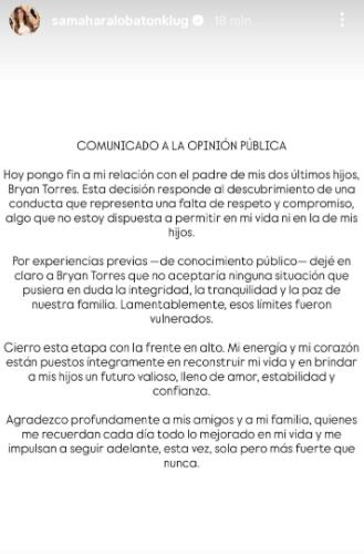 Samahara Lobatón anuncia el término de su relación con Bryan Torres.