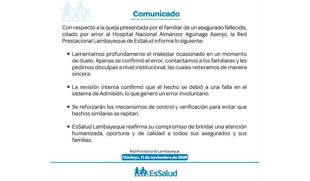 EsSalud emite comunicado y admite error al programar cita de hombre fallecido en Chiclayo.