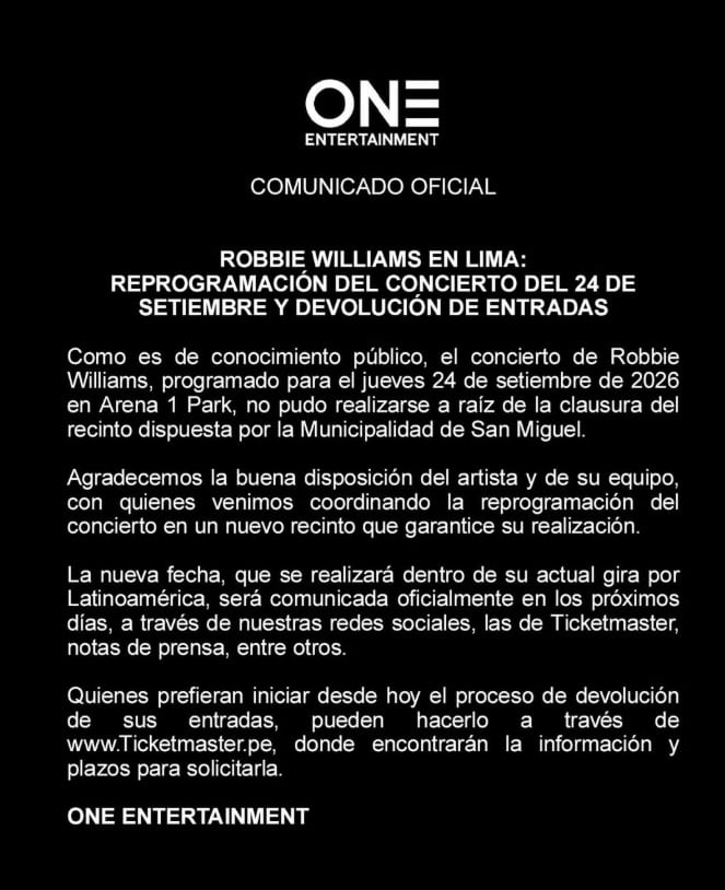 Comunicado sobre la devolución de las entradas para el concierto de Robbie Williams. (One Entertainment)