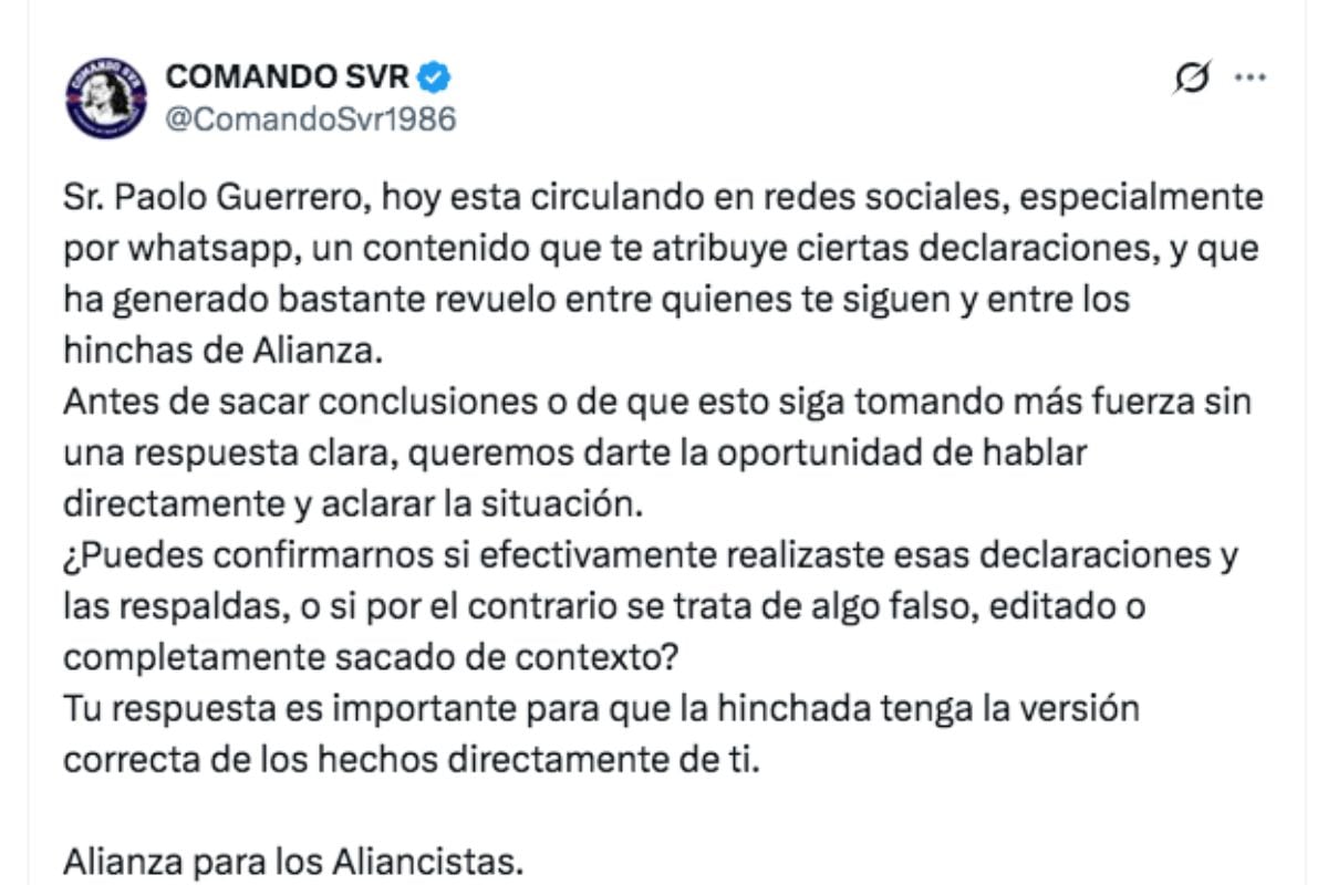 Barristas esperan respuesta del capitán de Alianza LIma (Foto: @comandosvr)