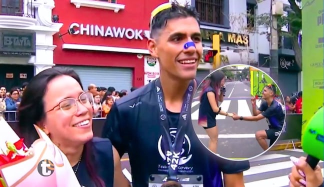 Corredor extranjero cruzó la meta y se arrodilló para pedirle matrimonio a su nvia que lo esperba en la meta con medalla de la Maratón Lima 42K (Foto: @Movitar Deportes)