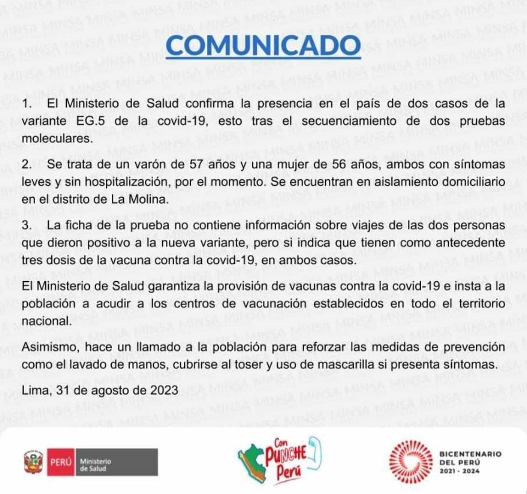 Minsa confirma que dos personas dieron positivo a nueva variante de Covid-19 en el Perú