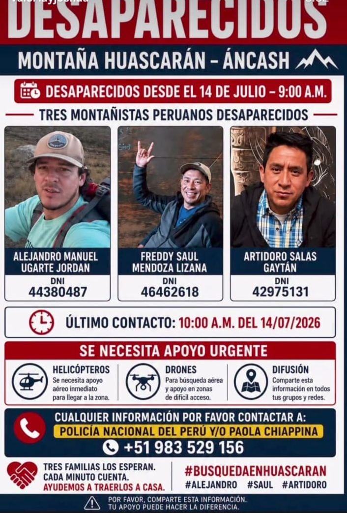 Tres montañistas desaparecidos en Huaraz. Foto: Instagram