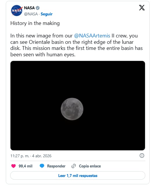 La NASA publica la primera foto de la cara oculta de la Luna tomada por la misión Artemis II