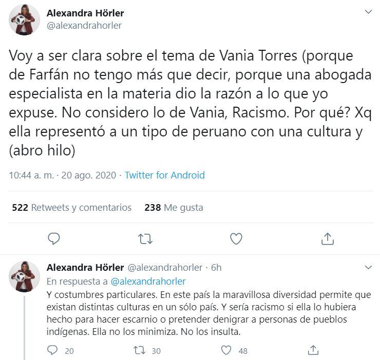 Alexandra Horler y su defensa a Vania Torres en Twitter