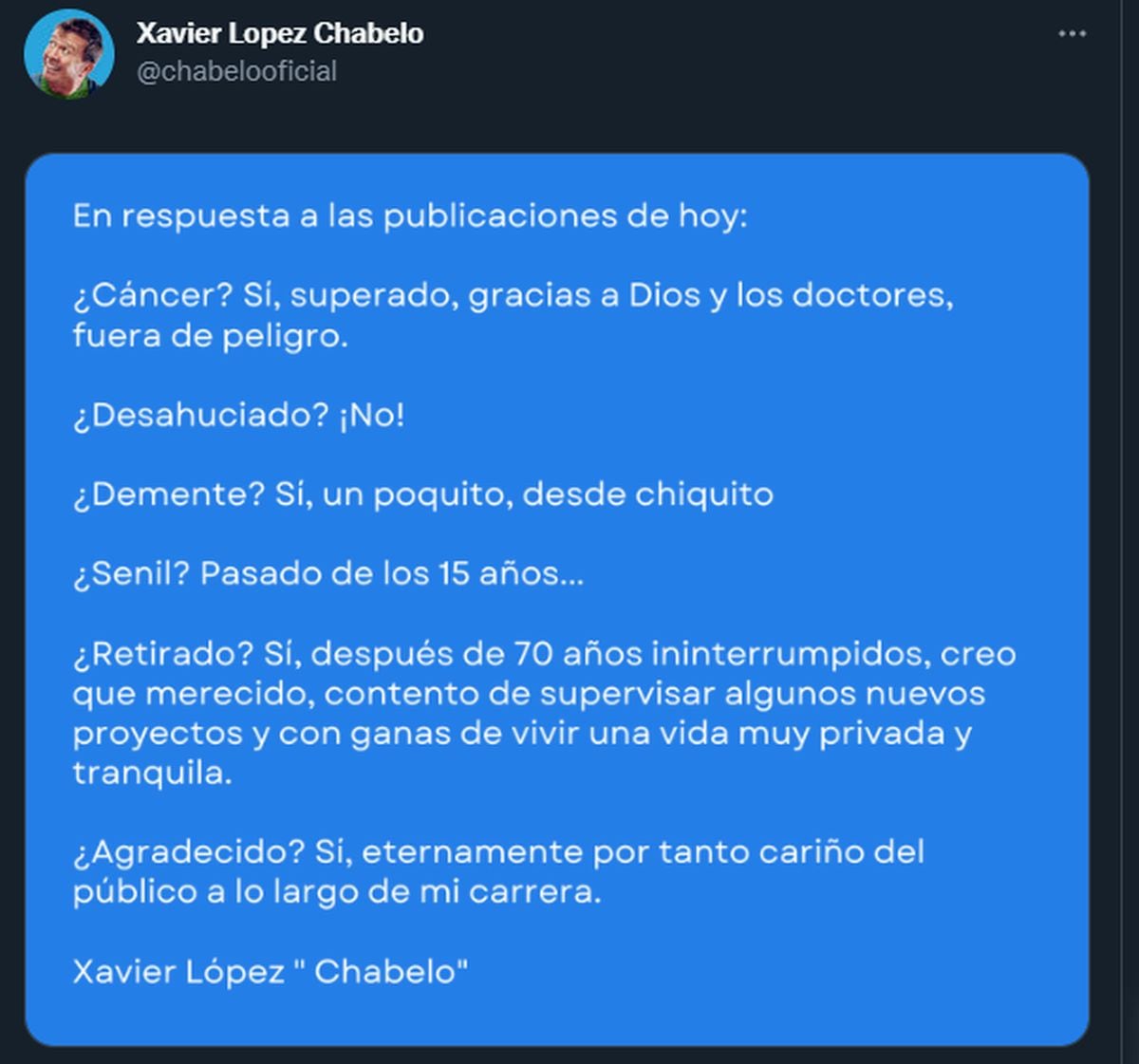El tuit de Chabelo a finales de mayo pasado (Foto: Chabelo / Twitter)