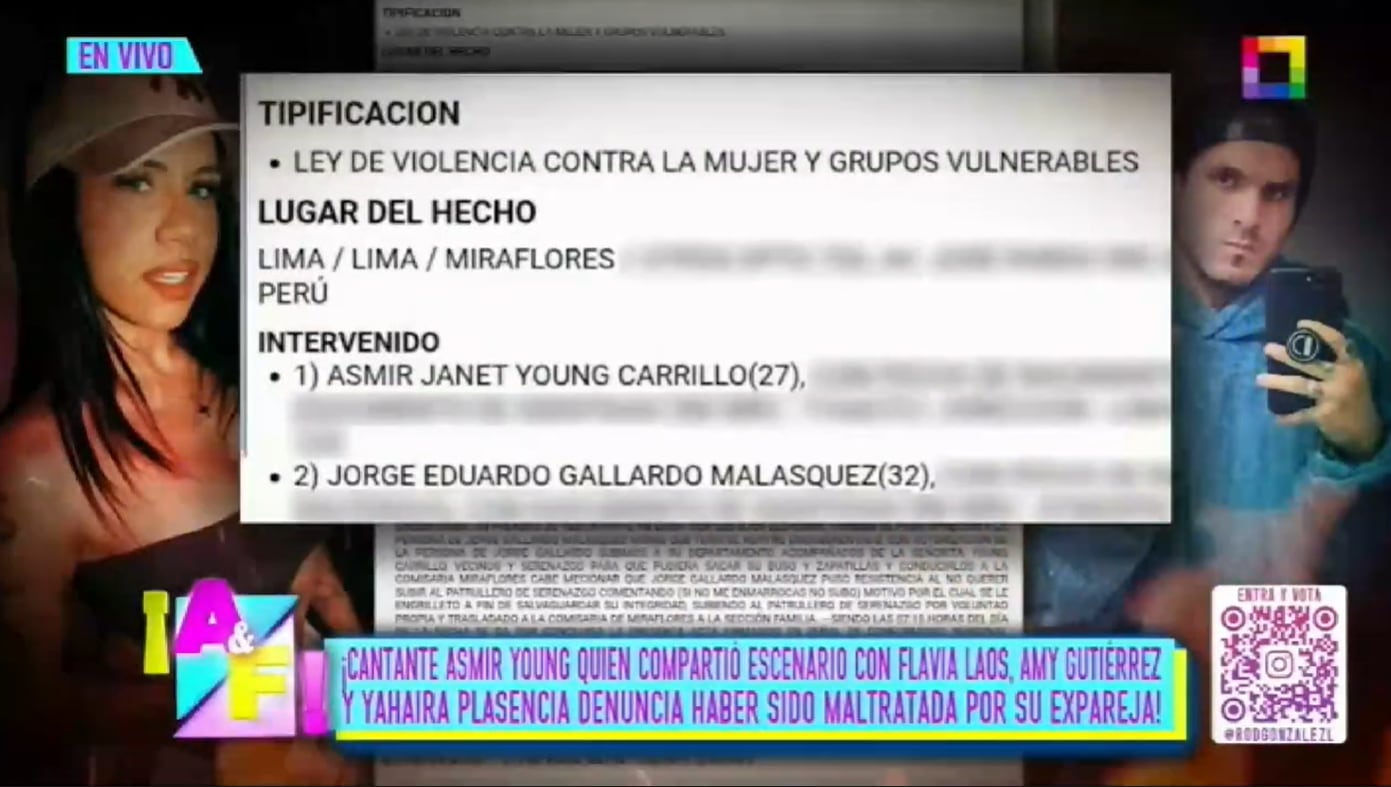 Parte policial tras la denuncia hecha por la cantante Asmir Young contra su pareja por agresión física.
