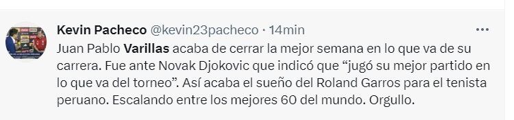 Cibernautas llenan de halagos a Varillas tras encuentro con Djokovic. (Foto: Twitter).