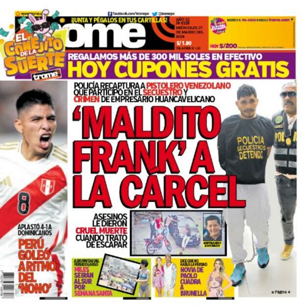 Portada impresa de Trome del miércoles 27 de marzo de 2024