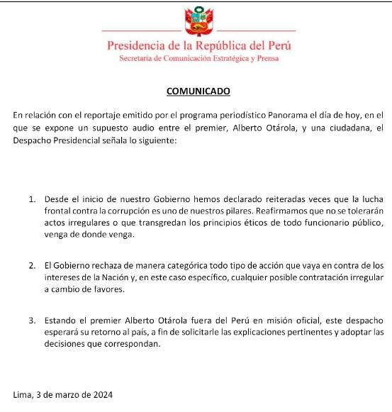 Comunicado del gobierno sobre Alberto Otárola.
