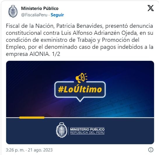 Presentan denuncia constitucional contra exministro Luis Adrianzén.