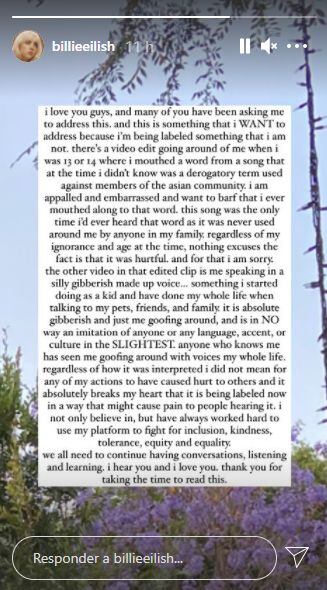 Esta fue la carta que compartió Billie Eilish en sus stories de Instagram. (Foto: Captura de IG)