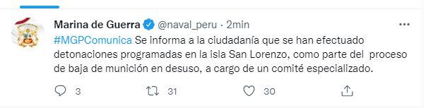 Marina de Guerra informó sobre las detonaciones en la isla San Lorenzo