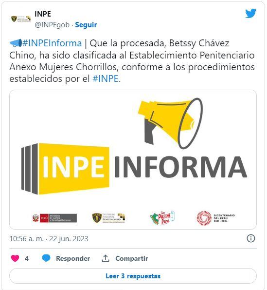 INPE informó que Betssy Chávez irá a Chorrillos.