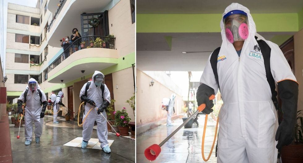 Con sus trajes y pesadas mochilas de desinfección, van a los multifamiliares, condominios y solares del Cercado de Lima a eliminar el virus de las superficies.