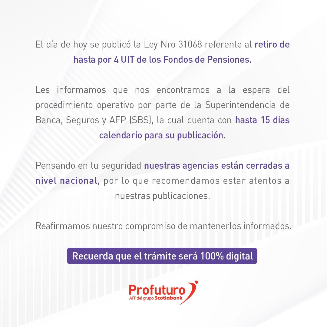 Comunicado de Profuturo Perú sobre el retiro de hasta 17.200 soles (4UIT) del fondo de pensiones (Foto: Profuturo Perú/ Facebook)